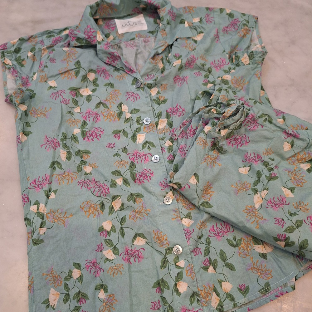 The Cat's Pajamas Pajama Set Sz Sm Green Floral Cotton SS Shirt & Pants PJs